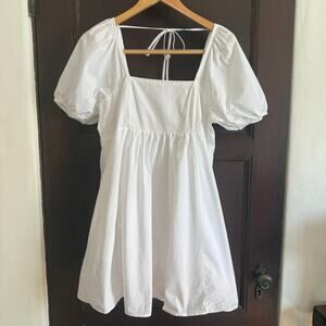 DRAPER JAMES | White Cotton Square Neck Puff Sleeve Mini Babydoll Dress | Small